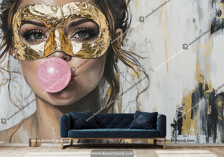 پوستر آرایشگاه بانوان طرح چهره با نقاب طلایی و زمینه سیمانی