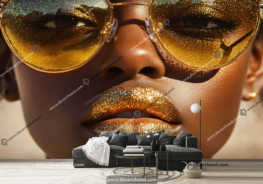 پوستر دیواری آرایشگاه زنانه طرح چهره با میکاپ طلایی