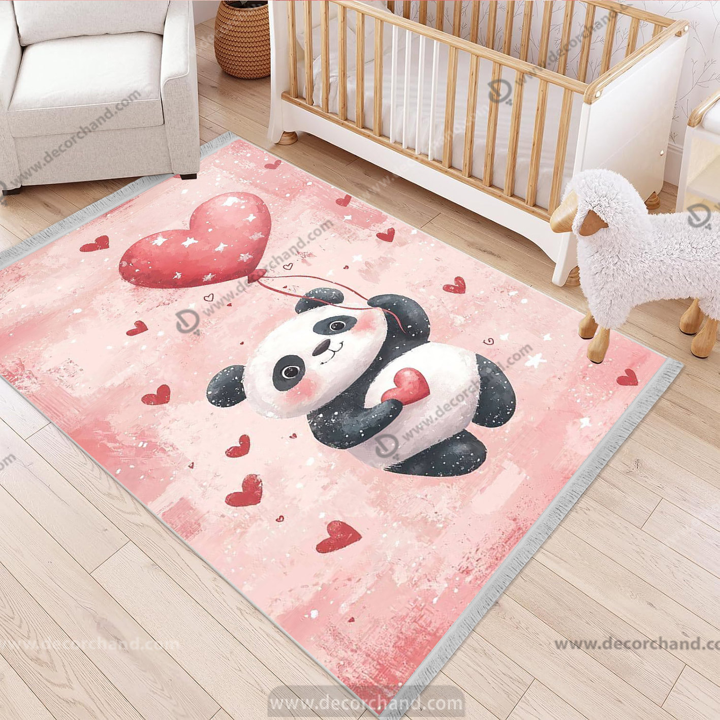 فرش اتاق کودک پاندا با بادکنک قلبی