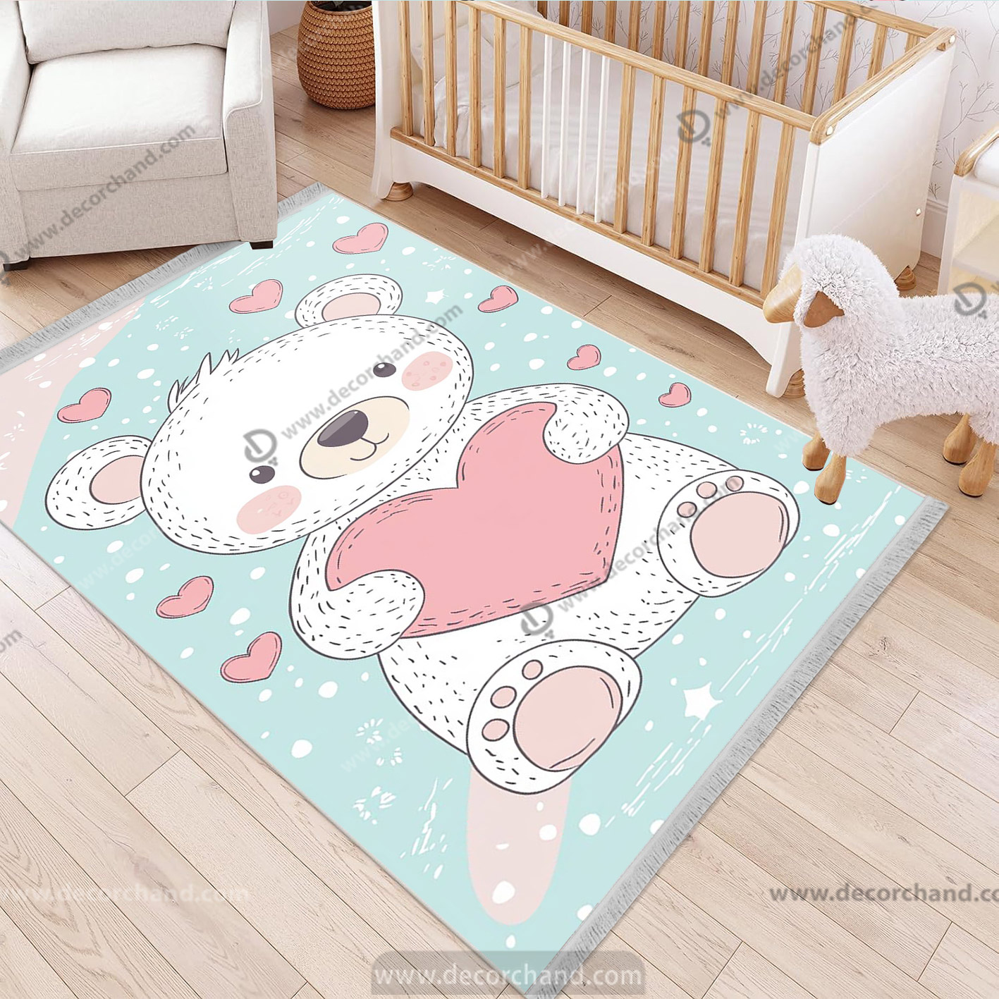 فرشینه اتاق کودک طرح خرس سفید با قلب صورتی