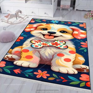 فرشینه با زمینه آبی با طرح سگ بامزه برای اتاق کودک